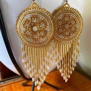 Rayo Golden Sun Ray Beaded Leather Handmade Earrings